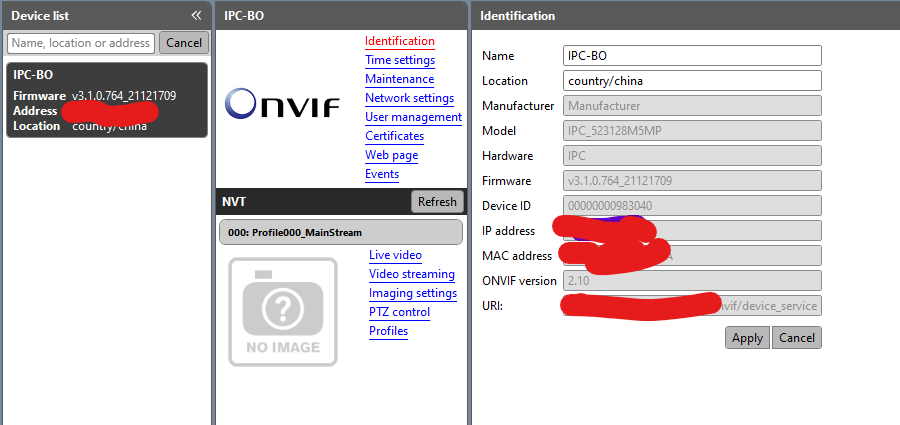 Details aus dem Onvif Device Manager
